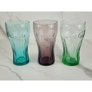 Coca Cola Libbey Drinking Glasses 16oz Embossed Logo 6" Green Blue Brown x3 Vtg